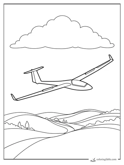 Minimalist glider flying under a large cloud above winding hills and small trees