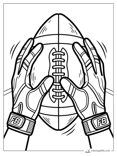 Football held upright between padded gloves with FB wrist straps and motion lines