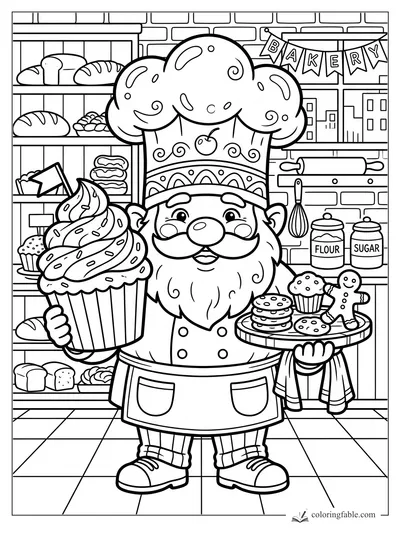 Smiling gnome baker in a tall pastry hat holding a giant cupcake and tray of cookies in a bakery