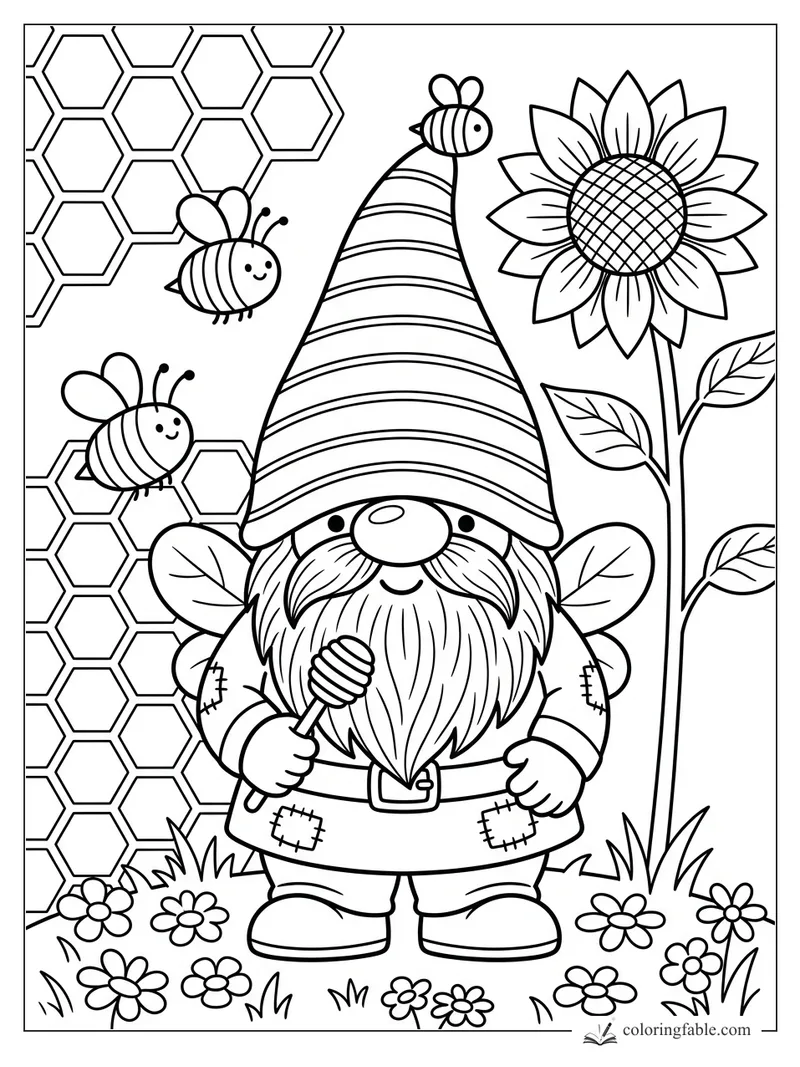 Cartoon gnome beekeeper holding a honey dipper beside bees, honeycomb, daisies, and a tall sunflower.