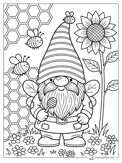 Cartoon gnome beekeeper holding a honey dipper beside bees, honeycomb, daisies, and a tall sunflower.
