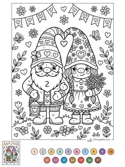 Gnome Couple Under Heart Bunting — color by number