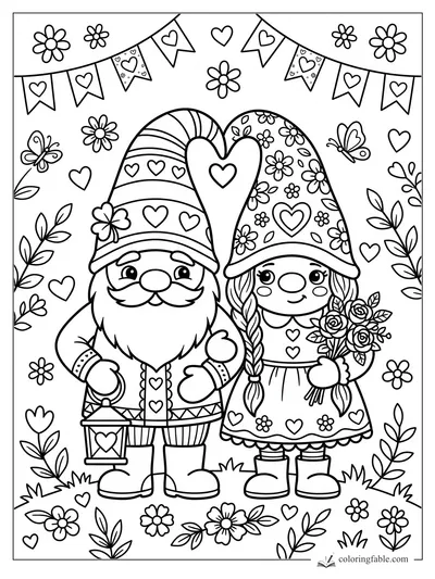 Two smiling gnomes with heart hats, lantern, roses, butterflies, flowers, and bunting coloring page