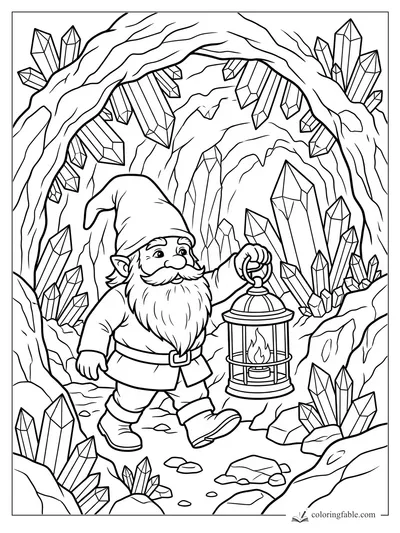 Gnome holding a lantern while walking through a cave filled with tall crystals.