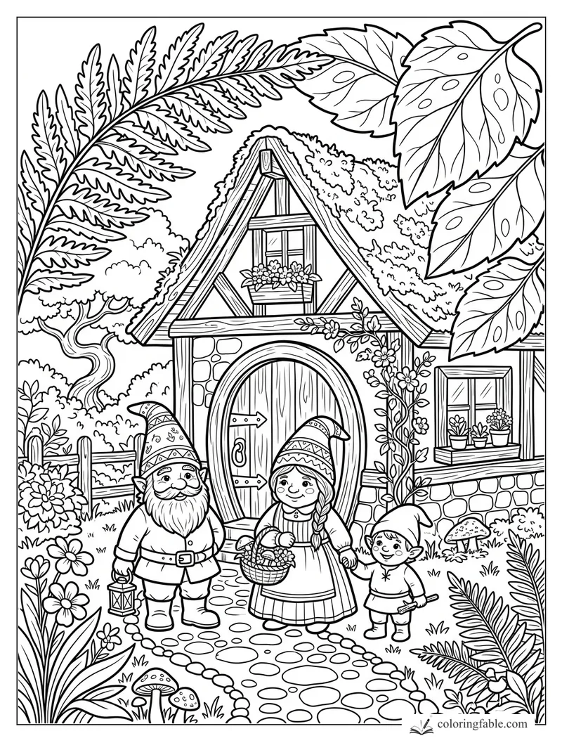 Gnome family by an arched cottage door with mushrooms, flower boxes, lantern, and leafy garden path