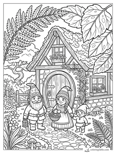 Gnome family by an arched cottage door with mushrooms, flower boxes, lantern, and leafy garden path