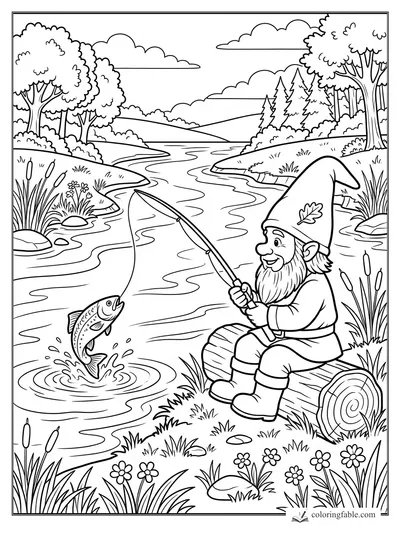 Smiling gnome on a log catches a jumping fish in a winding river with cattails, trees, and distant hills.