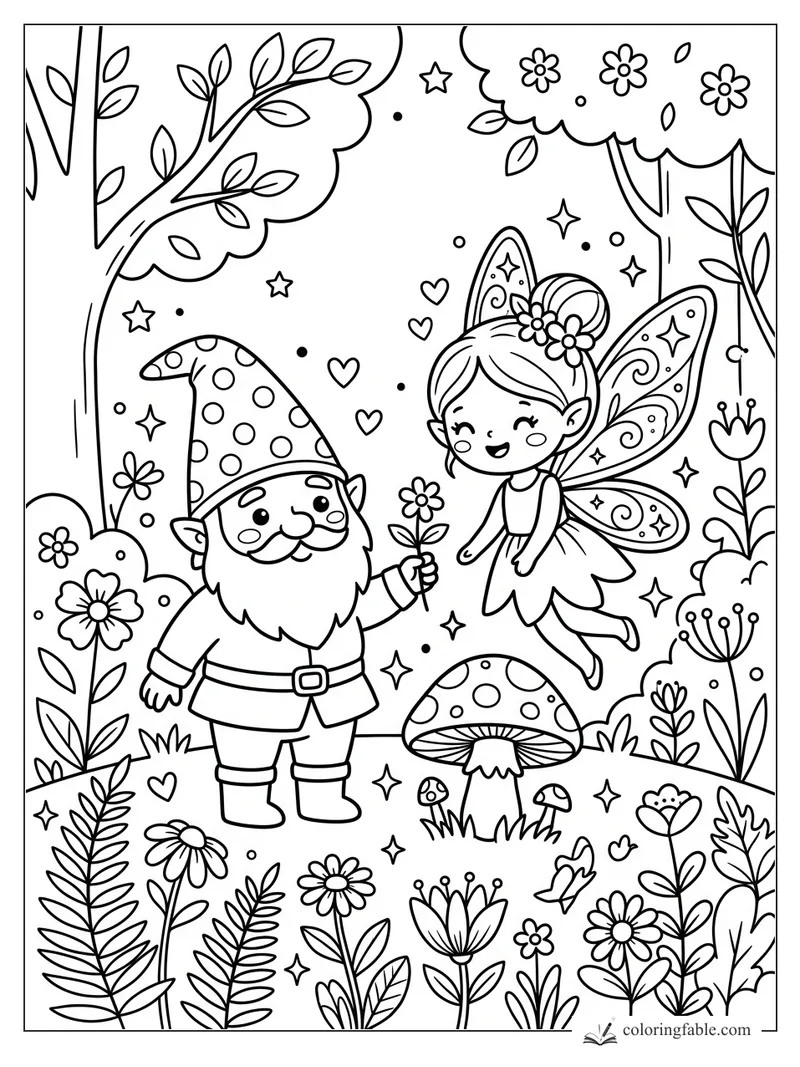 Kawaii gnome holding a flower for a smiling fairy among mushrooms, stars, hearts, trees, and garden blooms.