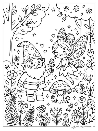 Kawaii gnome holding a flower for a smiling fairy among mushrooms, stars, hearts, trees, and garden blooms.