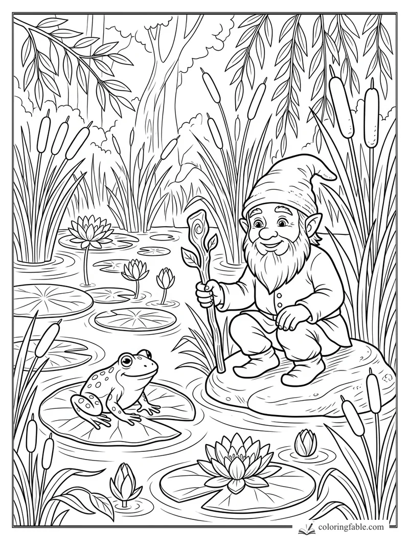 Smiling gnome with a leafy staff beside a frog, lily pads, water lilies, reeds, and hanging willow leaves.