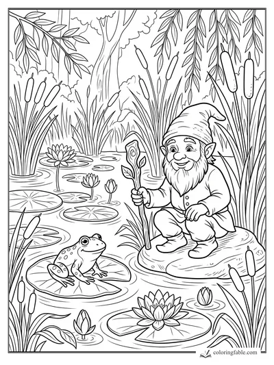 Smiling gnome with a leafy staff beside a frog, lily pads, water lilies, reeds, and hanging willow leaves.