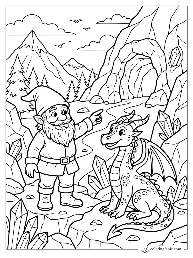 Gnome points toward a crystal cave while a young dragon sits on a rocky mountain path.