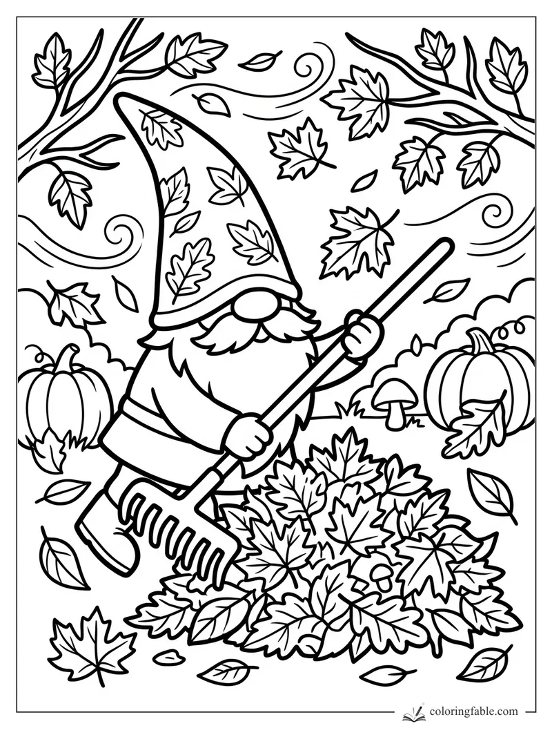 Easy coloring page of a gnome raking autumn leaves, with pumpkins, mushrooms, branches, and wind swirls.