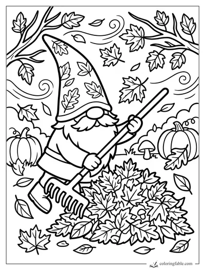 Easy coloring page of a gnome raking autumn leaves, with pumpkins, mushrooms, branches, and wind swirls.