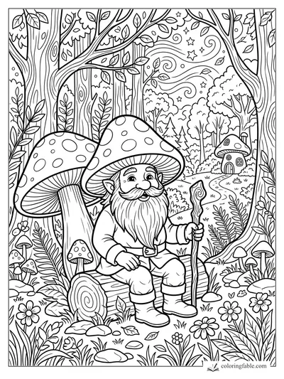 Smiling gnome with a walking stick under giant mushrooms in a leafy forest with stars and a tiny mushroom house