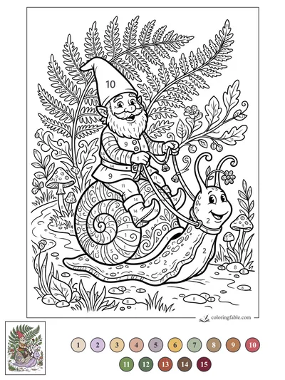Gnome Riding a Smiling Snail Through Ferns — color by number
