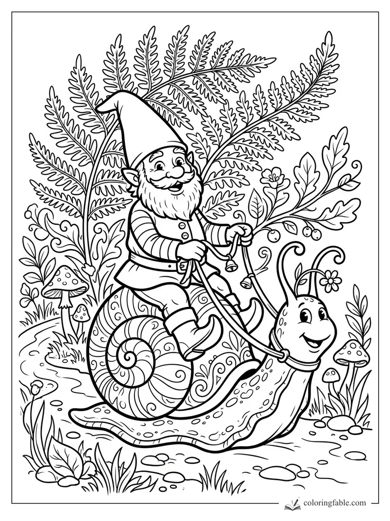Vintage gnome riding a smiling snail with reins, bells, mushrooms, and tall fern fronds