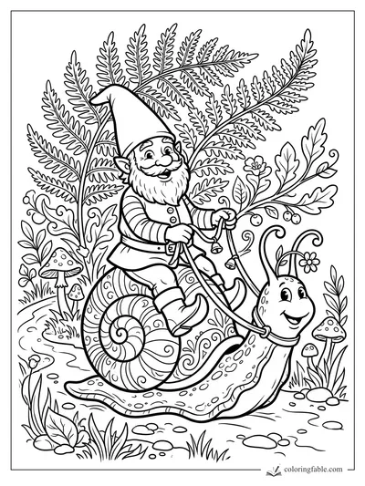 Vintage gnome riding a smiling snail with reins, bells, mushrooms, and tall fern fronds