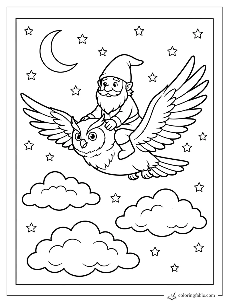 Cartoon gnome riding a wide-winged owl through stars, clouds, and a crescent moon.