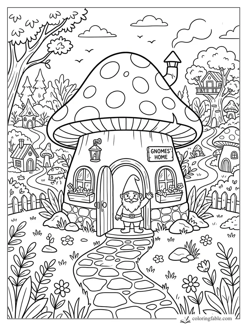 Cartoon gnome waving in the doorway of a spotted mushroom house with forest cottages and winding paths.