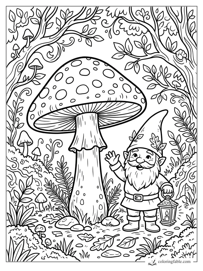 Cartoon gnome with lantern waving beside a giant spotted mushroom in a leafy forest