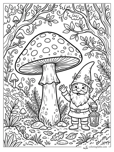 Cartoon gnome with lantern waving beside a giant spotted mushroom in a leafy forest