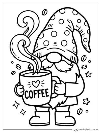 Easy gnome coloring page with polka-dot hat, big COFFEE mug, curling steam, beans, and stars