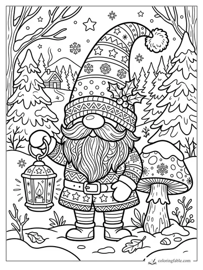 Christmas gnome holding a lantern among snowy pines, stars, cabin, and mushroom in a winter forest