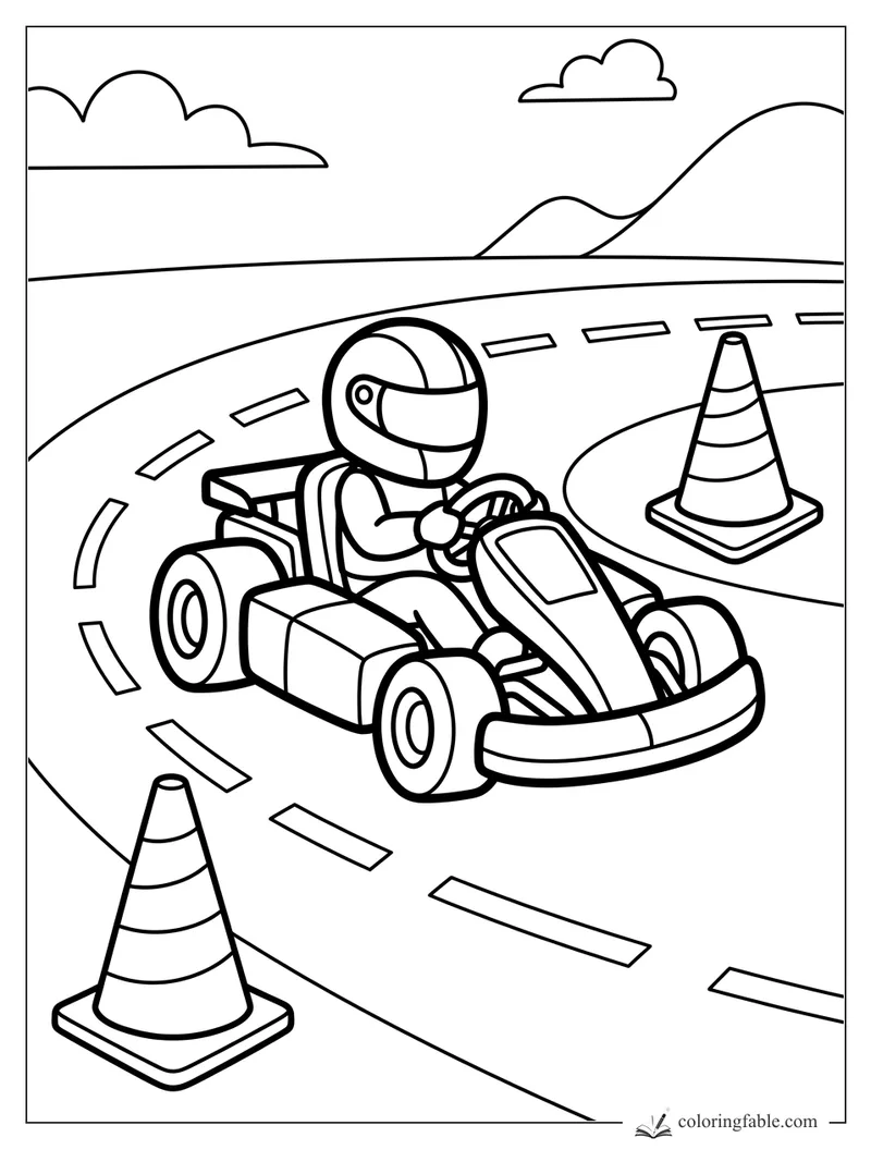 Go-kart driver in a helmet turning between traffic cones on a curved track with hills and clouds