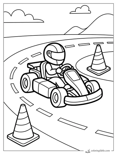 Go-kart driver in a helmet turning between traffic cones on a curved track with hills and clouds