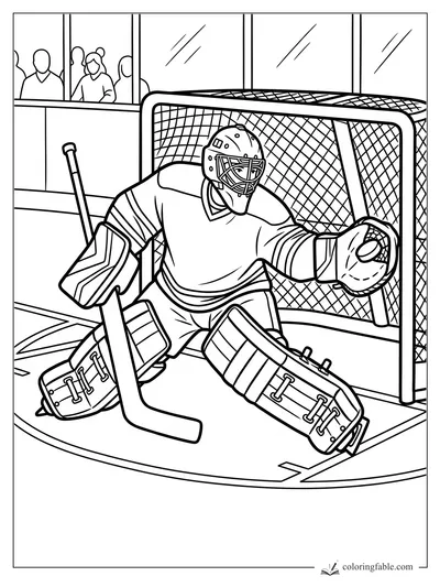 Hockey goalie crouches in front of the net, catching a puck in a wide glove save.