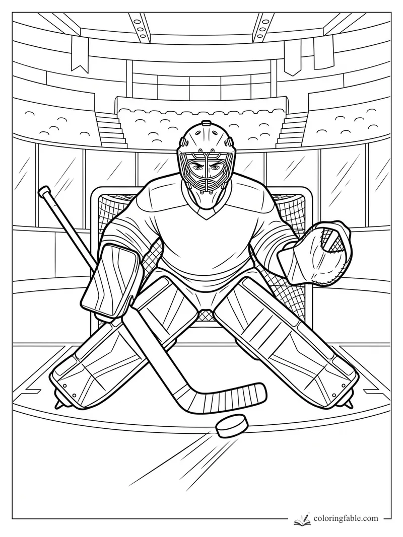 Cartoon hockey goalie crouched in front of the net as a puck slides toward the crease in an arena.