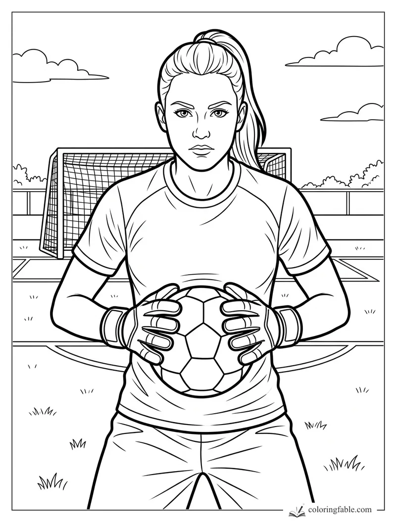 Realistic coloring page of a female soccer goalkeeper holding a ball in front of the net.