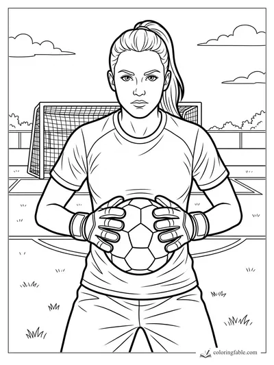 Realistic coloring page of a female soccer goalkeeper holding a ball in front of the net.