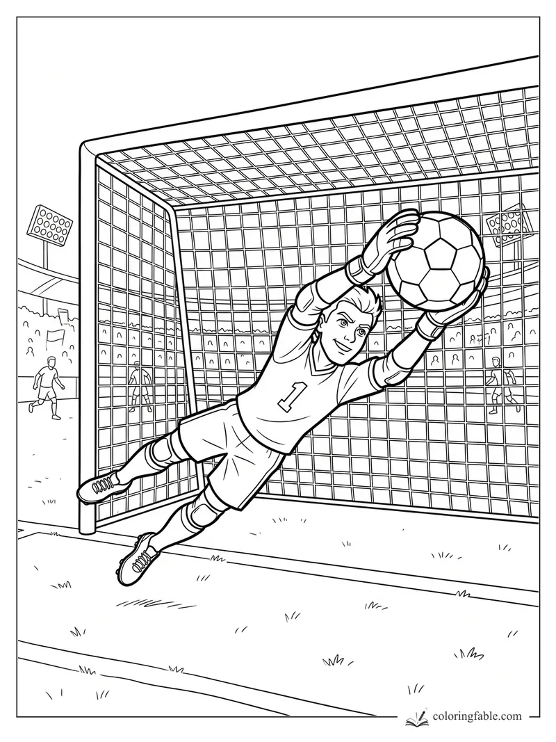 Cartoon soccer goalkeeper diving across the goal to catch a ball in front of the net