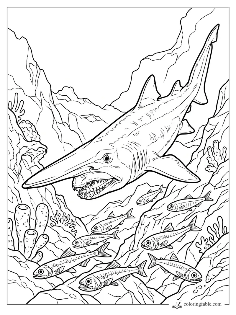 Realistic goblin shark with long snout swimming above small fish in a rocky coral reef