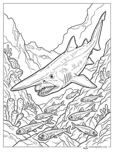 Realistic goblin shark with long snout swimming above small fish in a rocky coral reef
