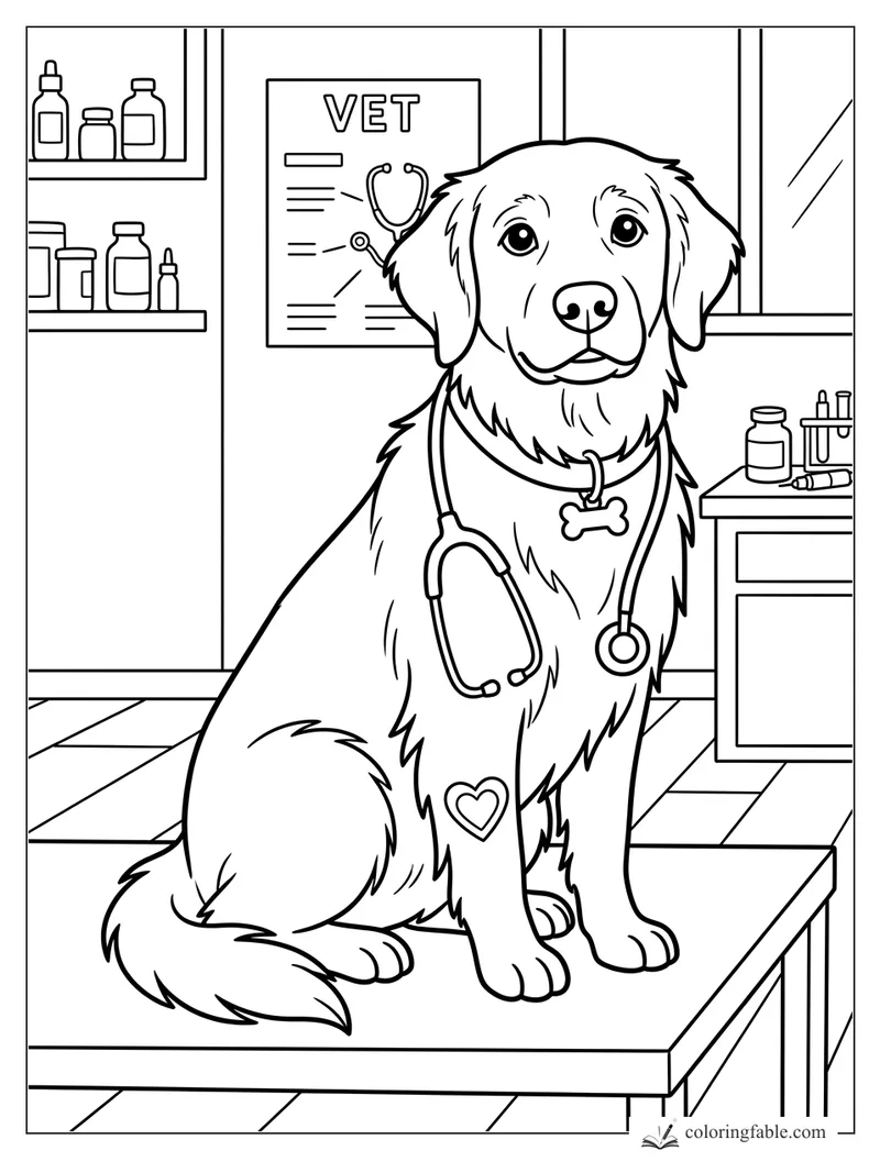 Golden retriever on a vet exam table with stethoscope, heart patch, medicine shelves, and clinic poster