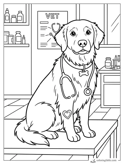 Golden retriever on a vet exam table with stethoscope, heart patch, medicine shelves, and clinic poster