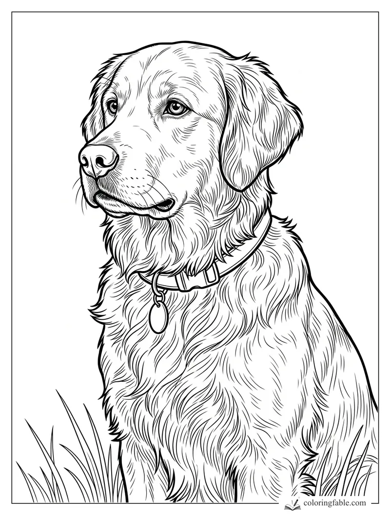 Realistic golden retriever with floppy ears, collar tag, and tall grass coloring page
