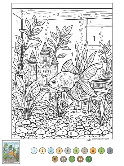 Goldfish by the Castle and Treasure Chest — color by number