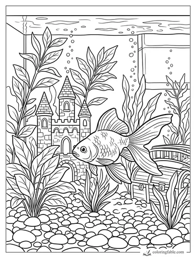 Goldfish swimming past aquarium castle, leafy plants, bubbles, pebbles, and a treasure chest coloring page