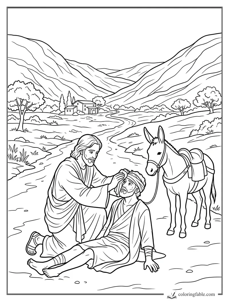Good Samaritan bandages an injured traveler beside a saddled donkey on a winding mountain road.