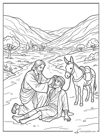 Good Samaritan bandages an injured traveler beside a saddled donkey on a winding mountain road.