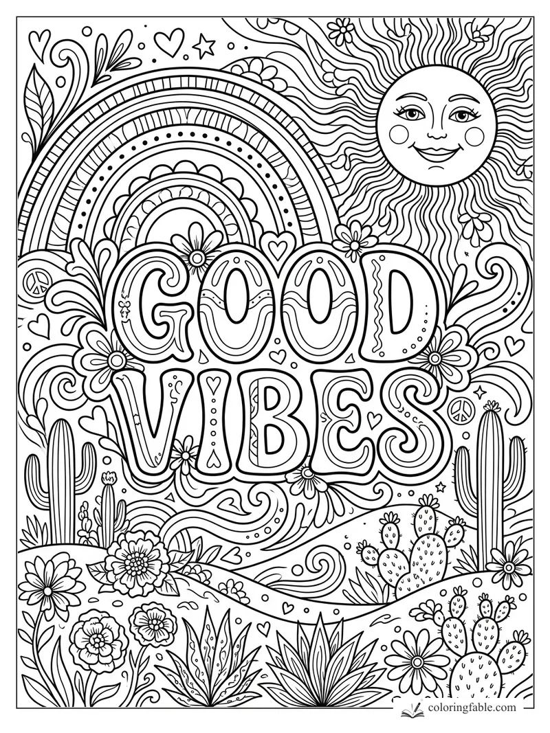 Good Vibes affirmation coloring page with rainbow, smiling sun, flowers, hearts, and desert cacti.