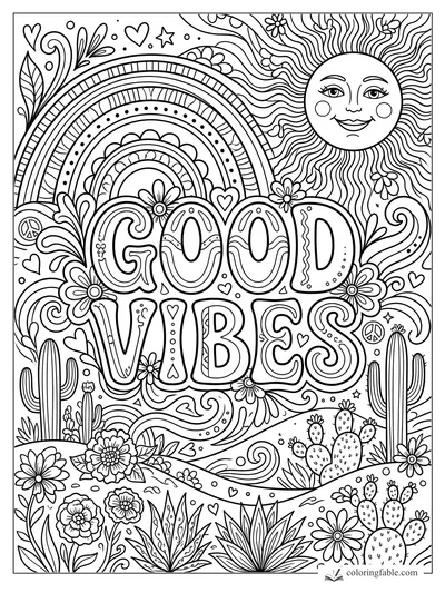Good Vibes affirmation coloring page with rainbow, smiling sun, flowers, hearts, and desert cacti.