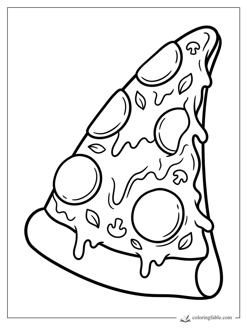 Cartoon pepperoni pizza slice with mushrooms, basil leaves, melting cheese, and thick crust