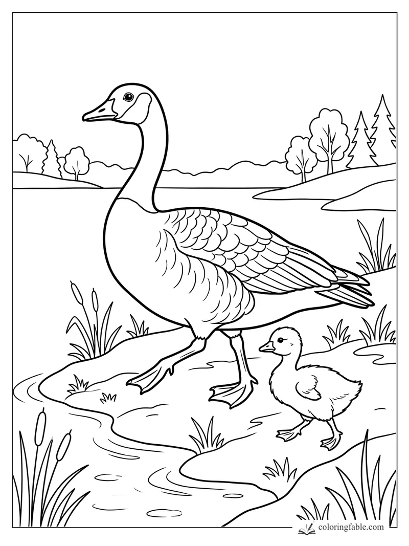 Goose and gosling walking beside cattails on a winding marsh path with trees in the distance