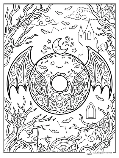Gothic donut with bat wings, crescent moon, castle, bats, thorny vines, and spiderwebs