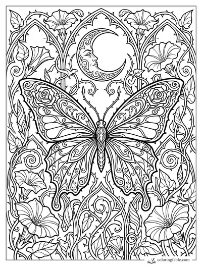 Intricate gothic butterfly with roses, vines, bell flowers, arches, and a crescent moon face